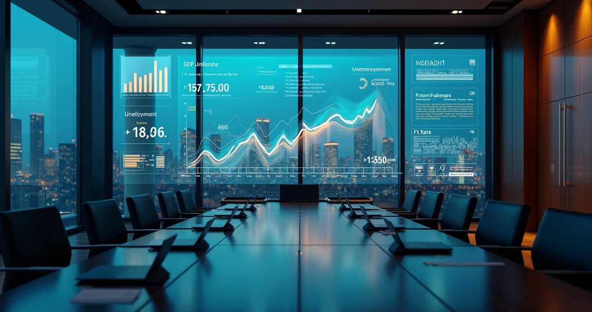 Sala de reuniões com painel digital exibindo indicadores macroeconômicos principais