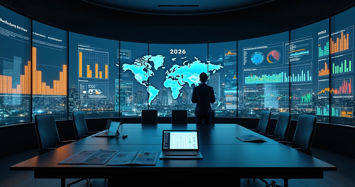 Analista observa painel digital com indicadores setoriais divididos por indústria