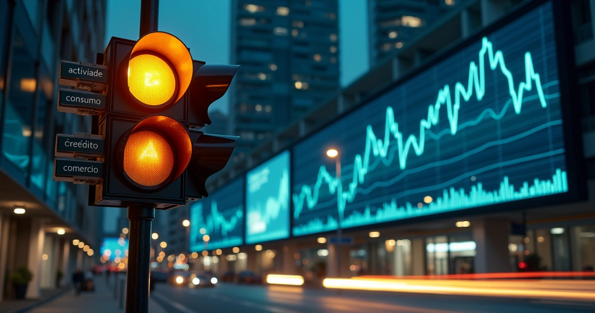 Painel financeiro urbano ao fundo com semáforo econômico em amarelo