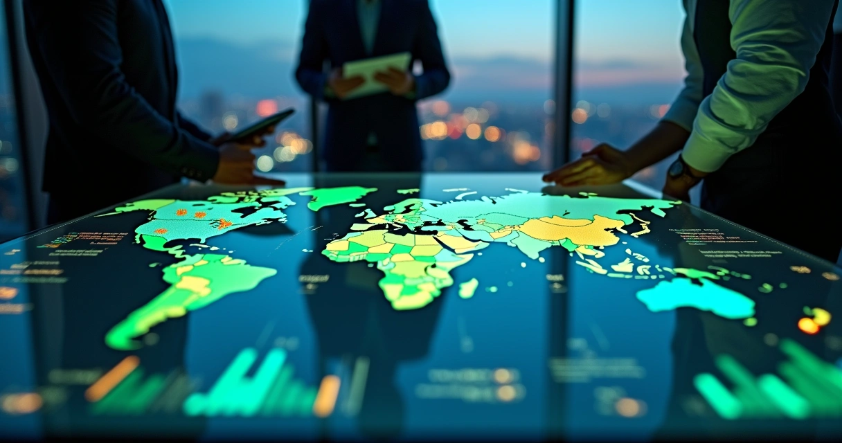 Mapa de mercado segmentado com símbolos de setores e gráficos coloridos