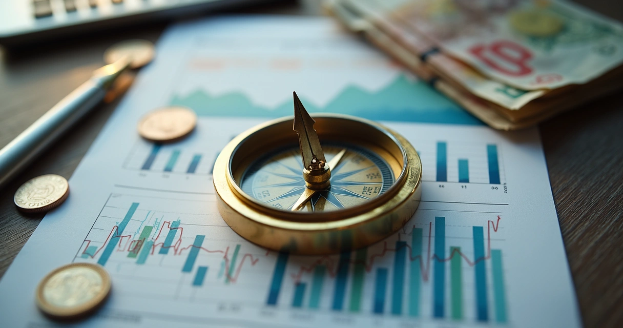 Bússola dourada sobre relatório econômico com gráficos e moedas