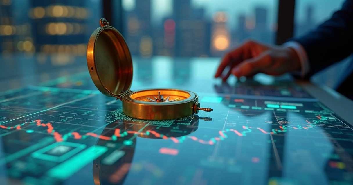Bússola dourada em mesa de vidro sobre mapas econômicos digitais