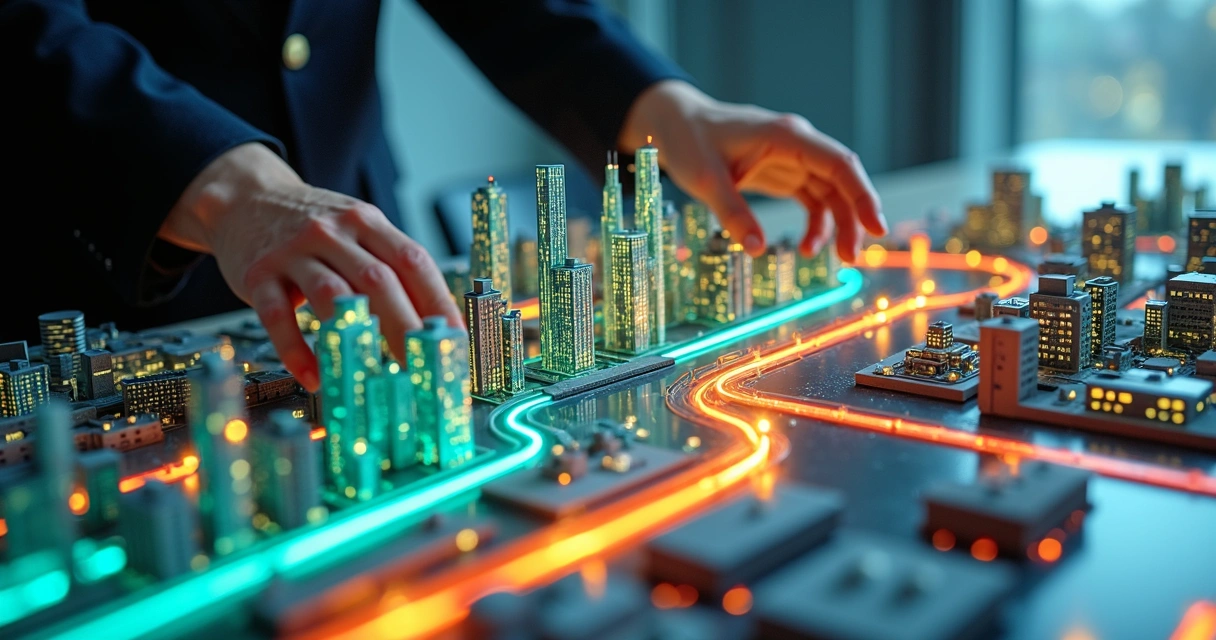 Modelo de cidade vista de cima com fluxos de renda conectando setores da economia
