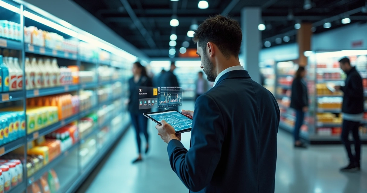 Consumidor em loja futurista usando tablet para comparar bens de consumo em prateleiras digitais