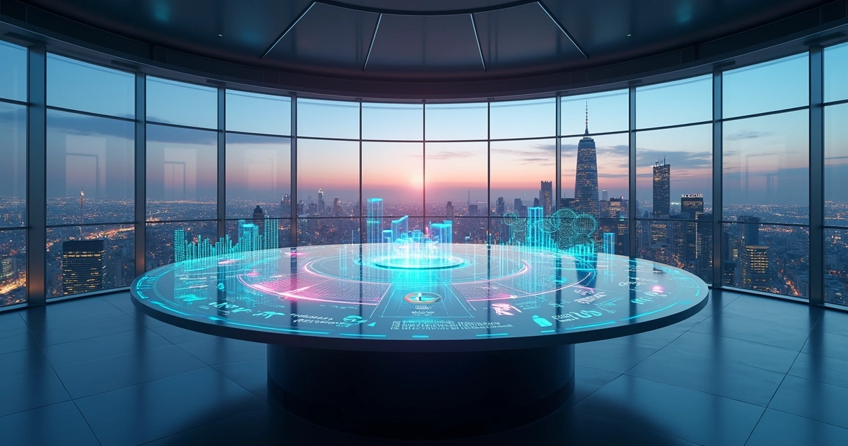 Painel curvo com fluxos financeiros digitais em paisagem futurista
