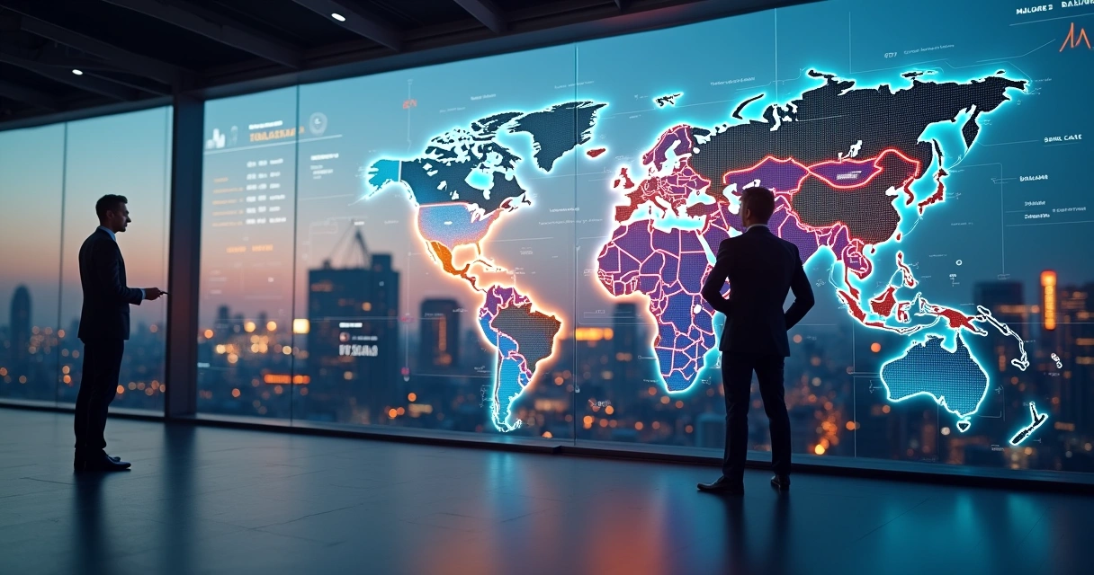 Mapa abstrato de setores econômicos em grande painel colorido