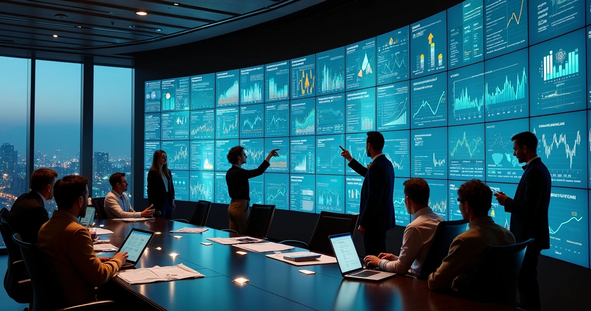 Executivos observam parede curva de dados com gráficos setoriais coloridos