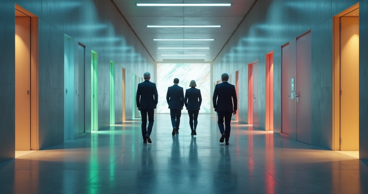 CEOs caminhando em corredor com múltiplas portas de decisão
