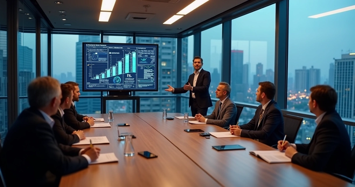CEO lidera reunião estratégica em sala moderna com vista da cidade