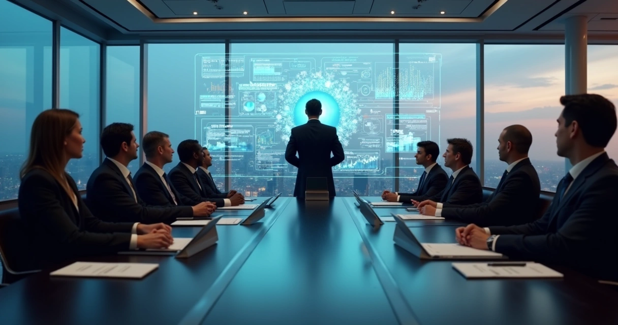 CFO em sala de conselho avaliando projeções financeiras digitais